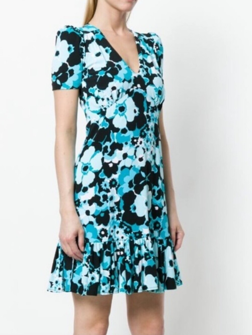 Michael Kors Teal Black Floral Knit Short Sleeve Classic Sheath Dress Stretch S